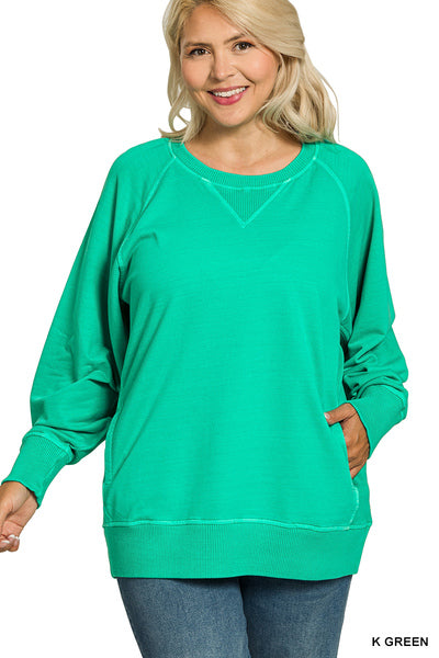 Zenana Kelly Green French Terry Pullover with Pockets