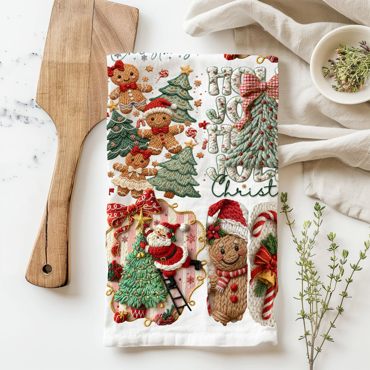 stitched pattern christmas kitchen towel close detail
raised texture christmas towel crochet inspired
fabric texture christmas towel cozy handmade look
yarn style holiday kitchen towel detailed design
quilted look christmas kitchen towel patchwork style