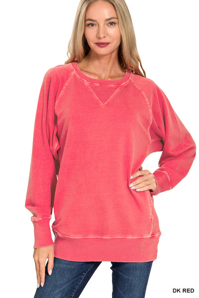 Zenana Dark Red French Terry Pullover with Pockets
