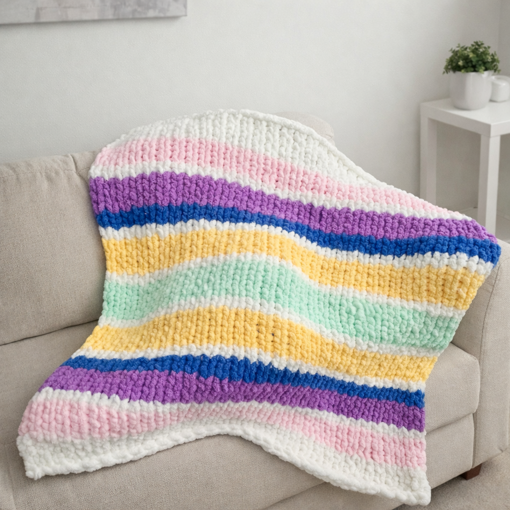 Pastel Rainbow Chunky Knit Blanket – Handmade Chenille Throw (56” x 60”)