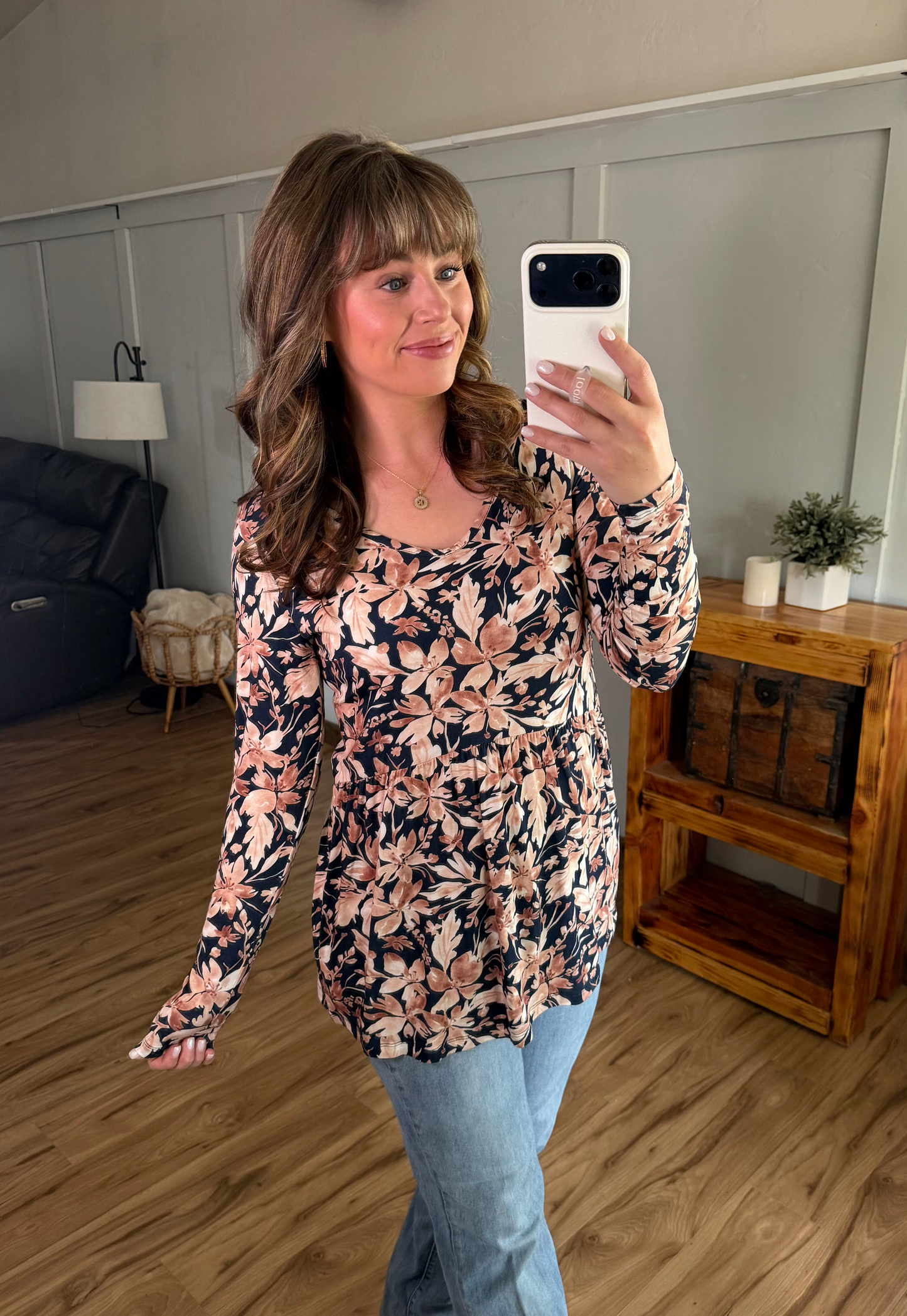 IN STOCK Long Sleeve Sarah Ruffle Top - Navy Autumn Petals