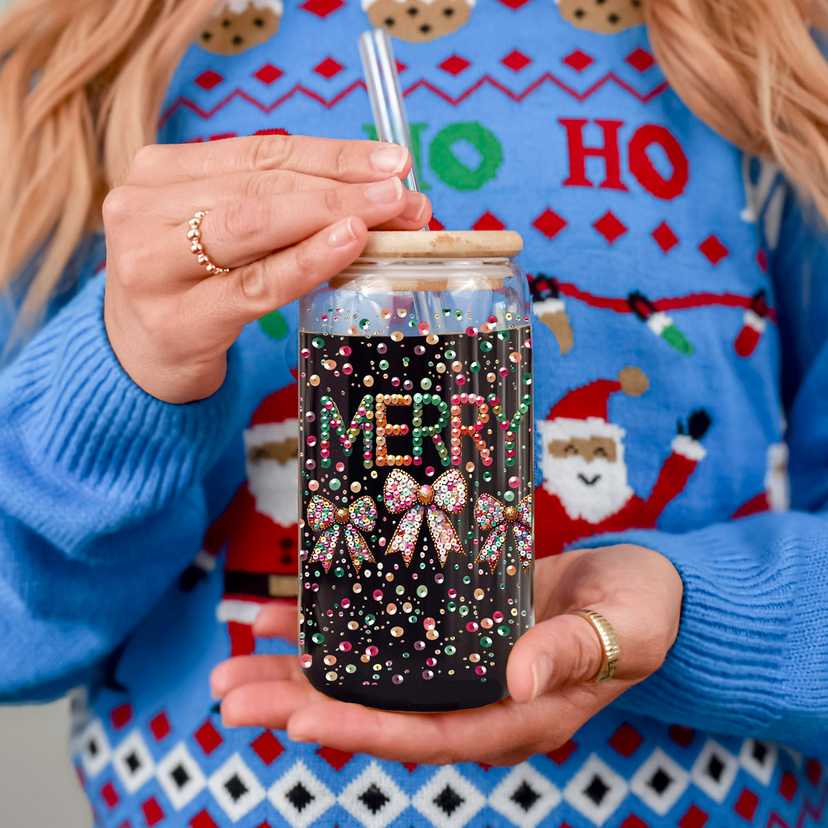 Christmas kitchen gifts glass cup 17oz - Merry sequin glitter tumbler bamboo lid glass straw - Coquette bow holiday decor
Festive colors Merry glass cup 17oz - Christmas sequin coquette bow rainbow holiday drinkware bamboo lid