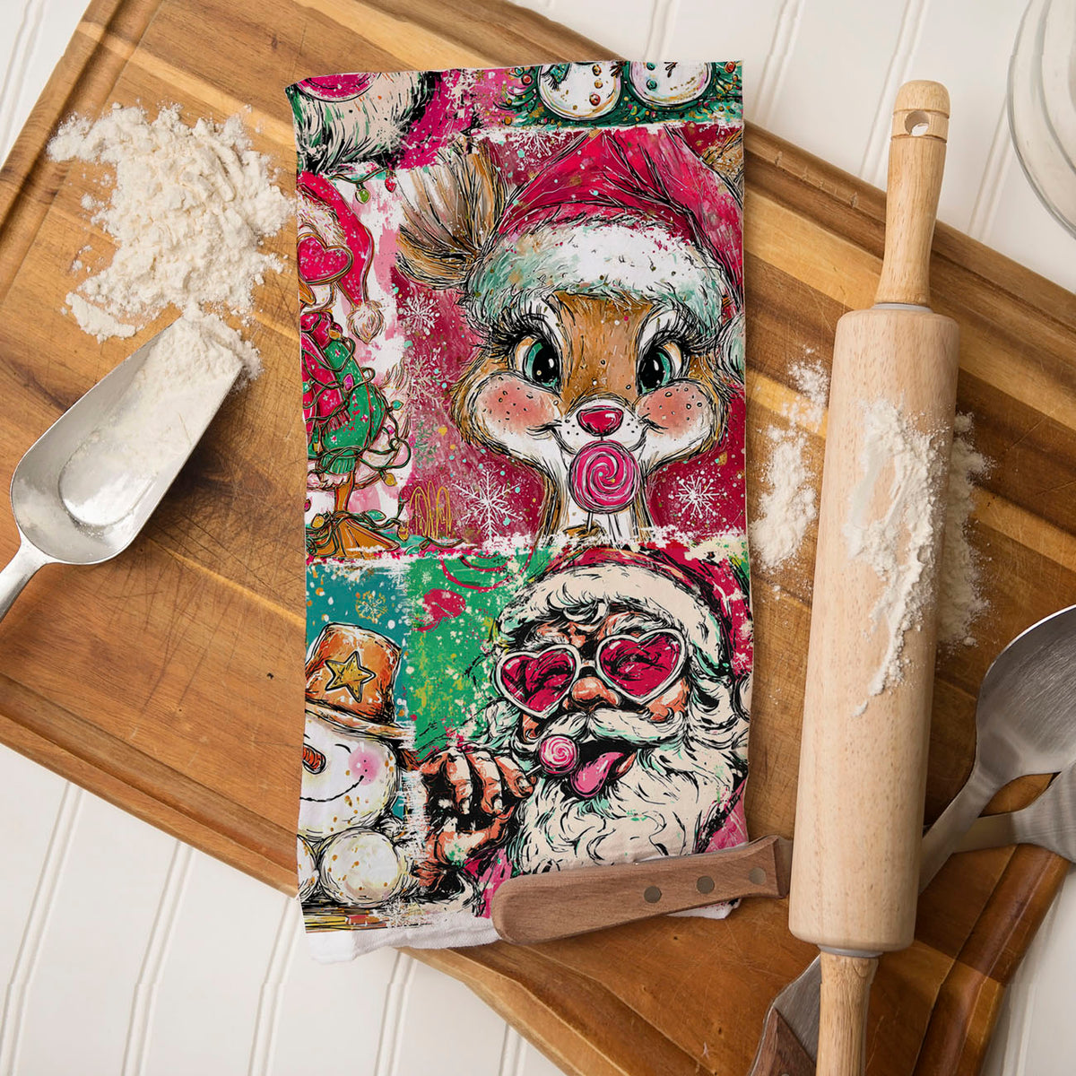 christmas decor for dog lovers kitchen towel gift
holiday dog mom gift colorful christmas dish towel
hand drawn christmas kitchen towel colorful illustration design
artistic holiday dish towel painted christmas characters
