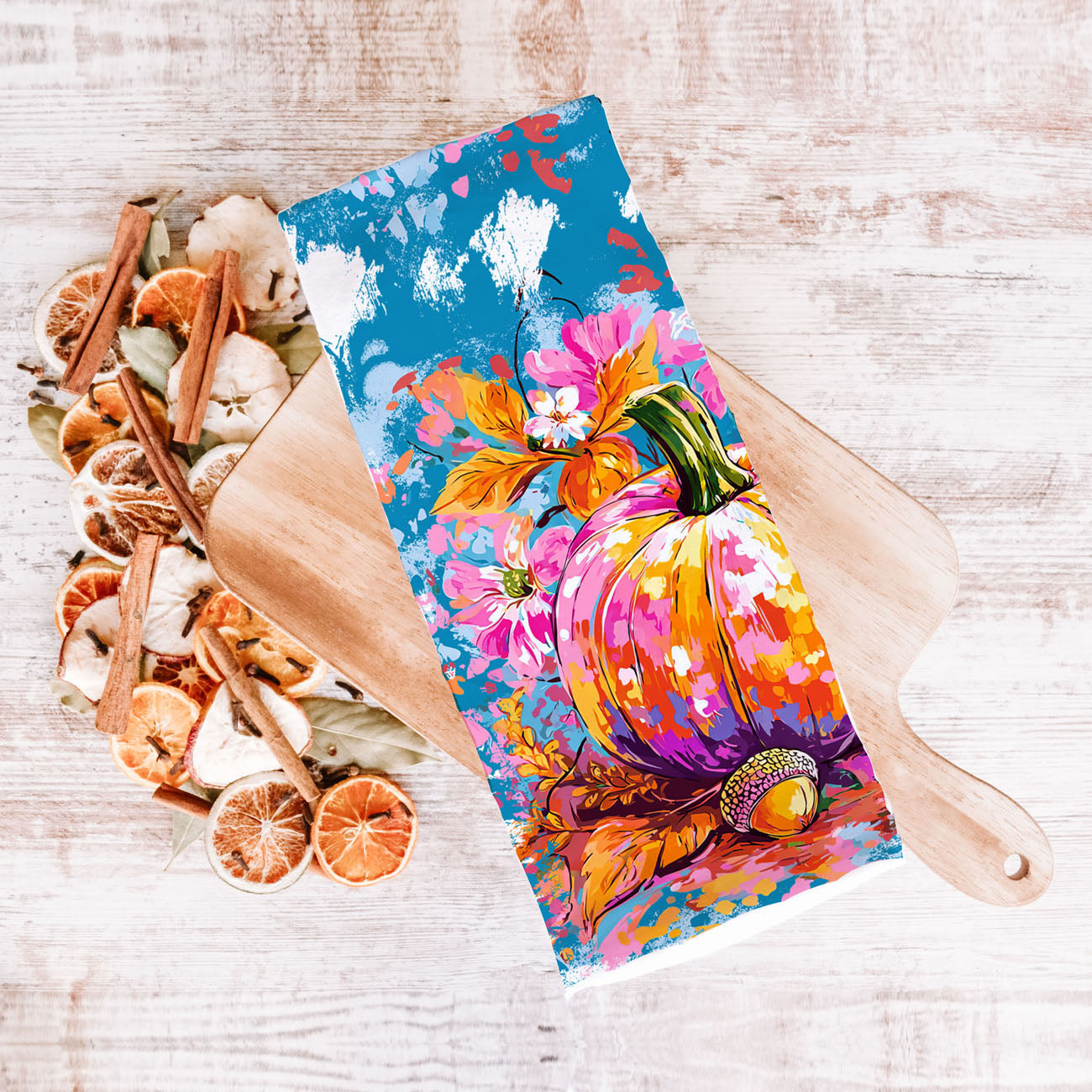 rainbow style pumpkin towel for cheerful fall décor
artistic painterly pumpkin dish towel for creative kitchen
colorful floral pumpkin towel for bright farmhouse fall décor
hand drawn pumpkin and flower towel for seasonal kitchen styling
lively autumn pumpkin towel for family gathering décor
colorful fall décor towel for entryway ladder or mudroom