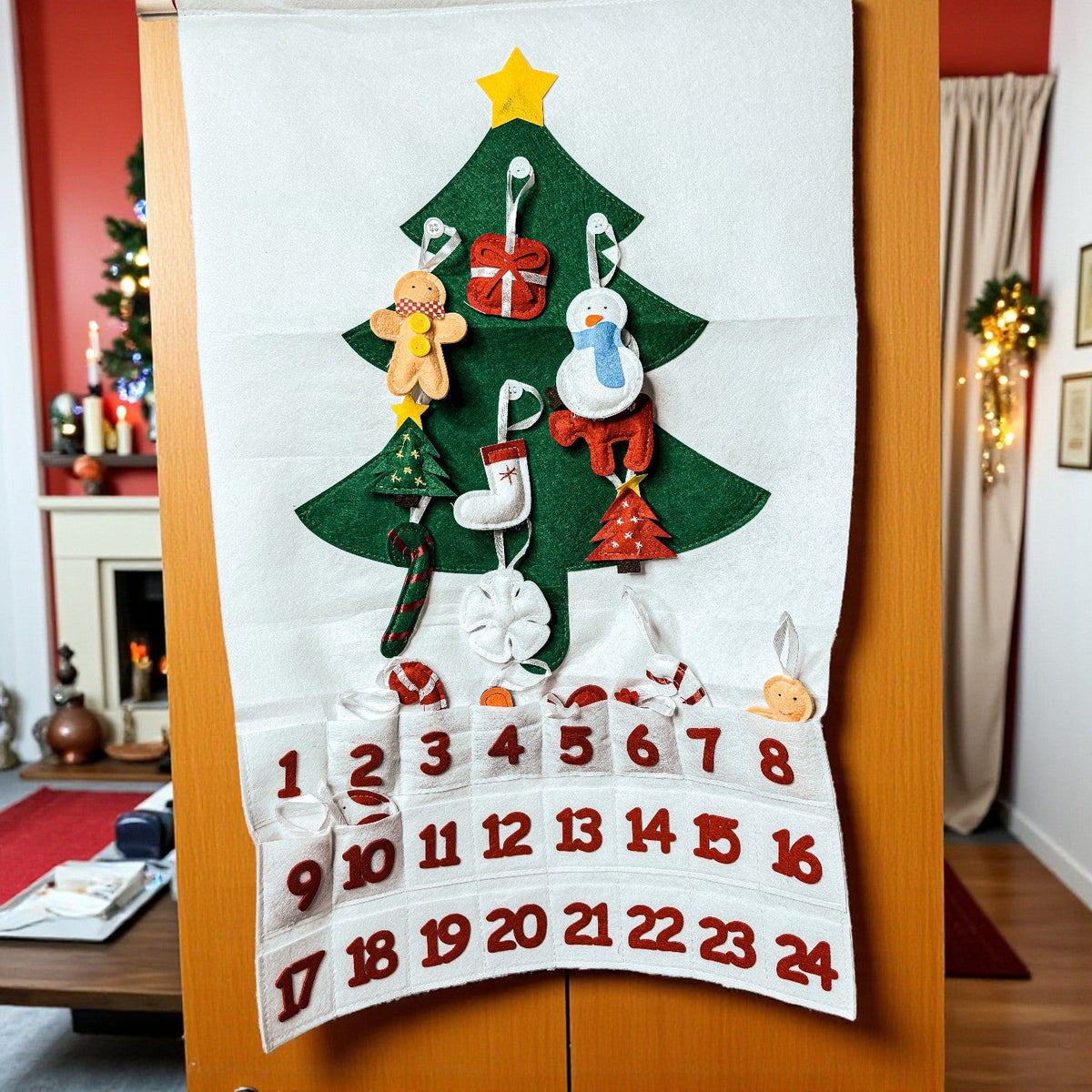 Advent calendar with plush ornaments in pockets
optional handmade ornaments Advent calendar
felt Christmas tree decorated with ornaments
Christmas tree Advent calendar decorated
Christmas countdown tree with plush ornaments
handmade ornaments hanging on felt tree
Advent calendar Christmas tree ornament display
interactive Christmas tree calendar decorated
handmade felt Advent calendar with ornaments
Christmas Advent calendar before decorating
Christmas Advent calendar after decorating
empty Christmas tree A