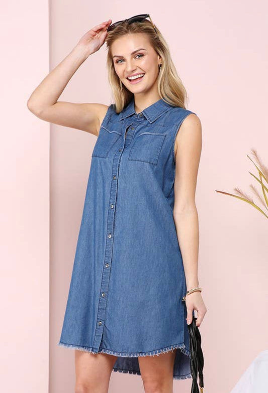 SLEEVELESS BUTTON DOWN SHIRT DRESS (Additional Colors Available)
