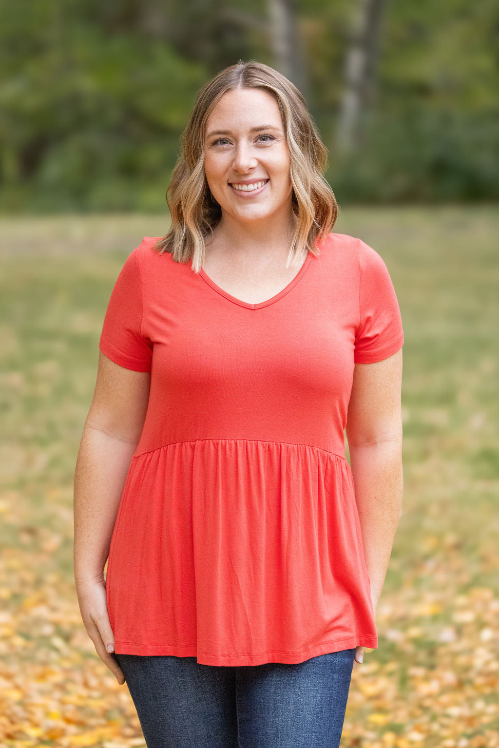 IN STOCK Sarah Ruffle Short Sleeve - Deep Coral