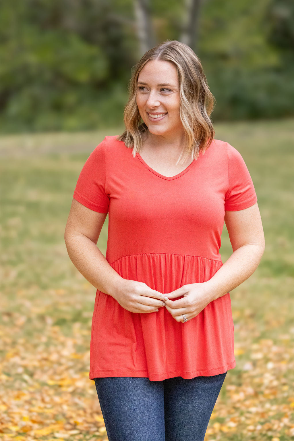 IN STOCK Sarah Ruffle Short Sleeve - Deep Coral