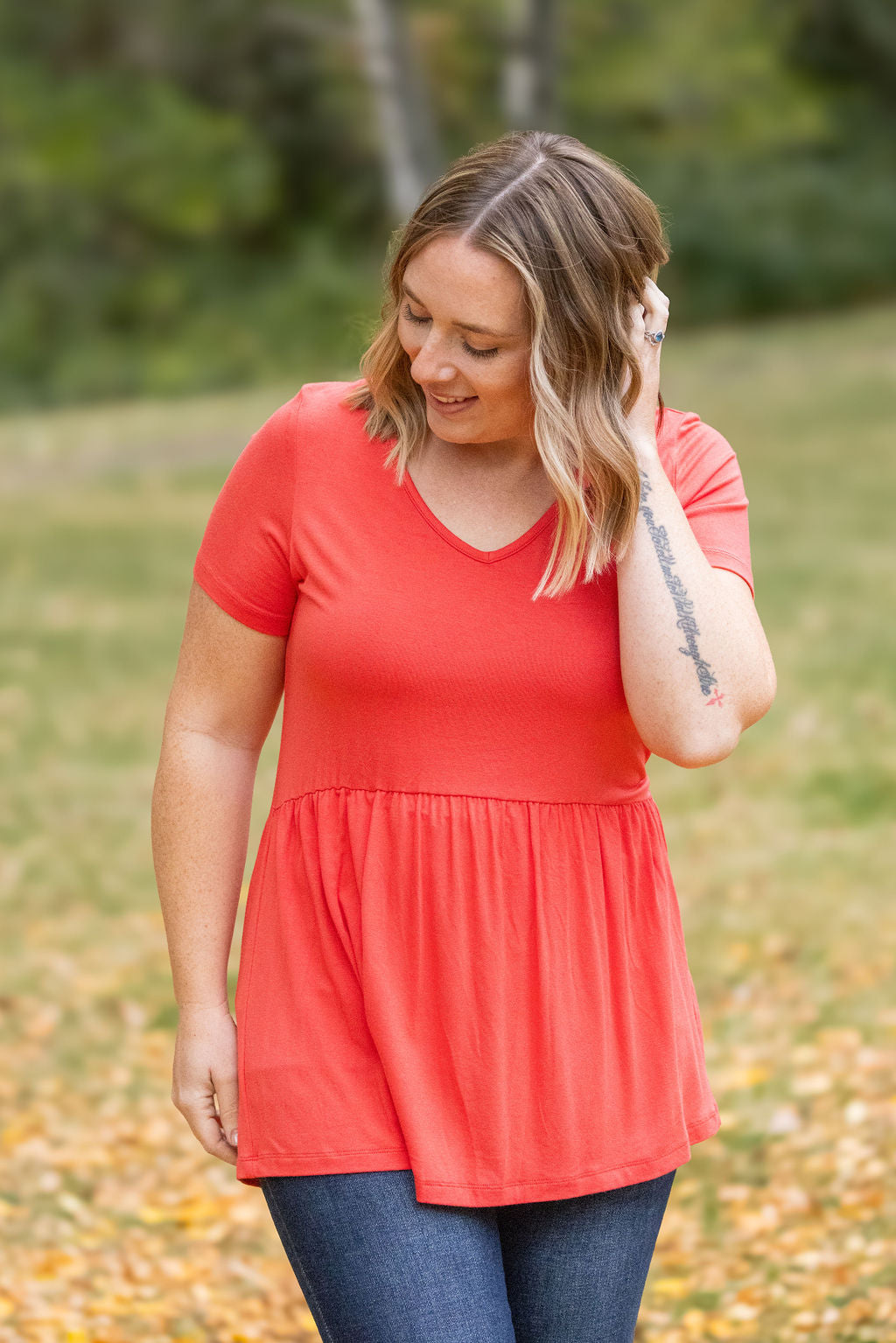 IN STOCK Sarah Ruffle Short Sleeve - Deep Coral