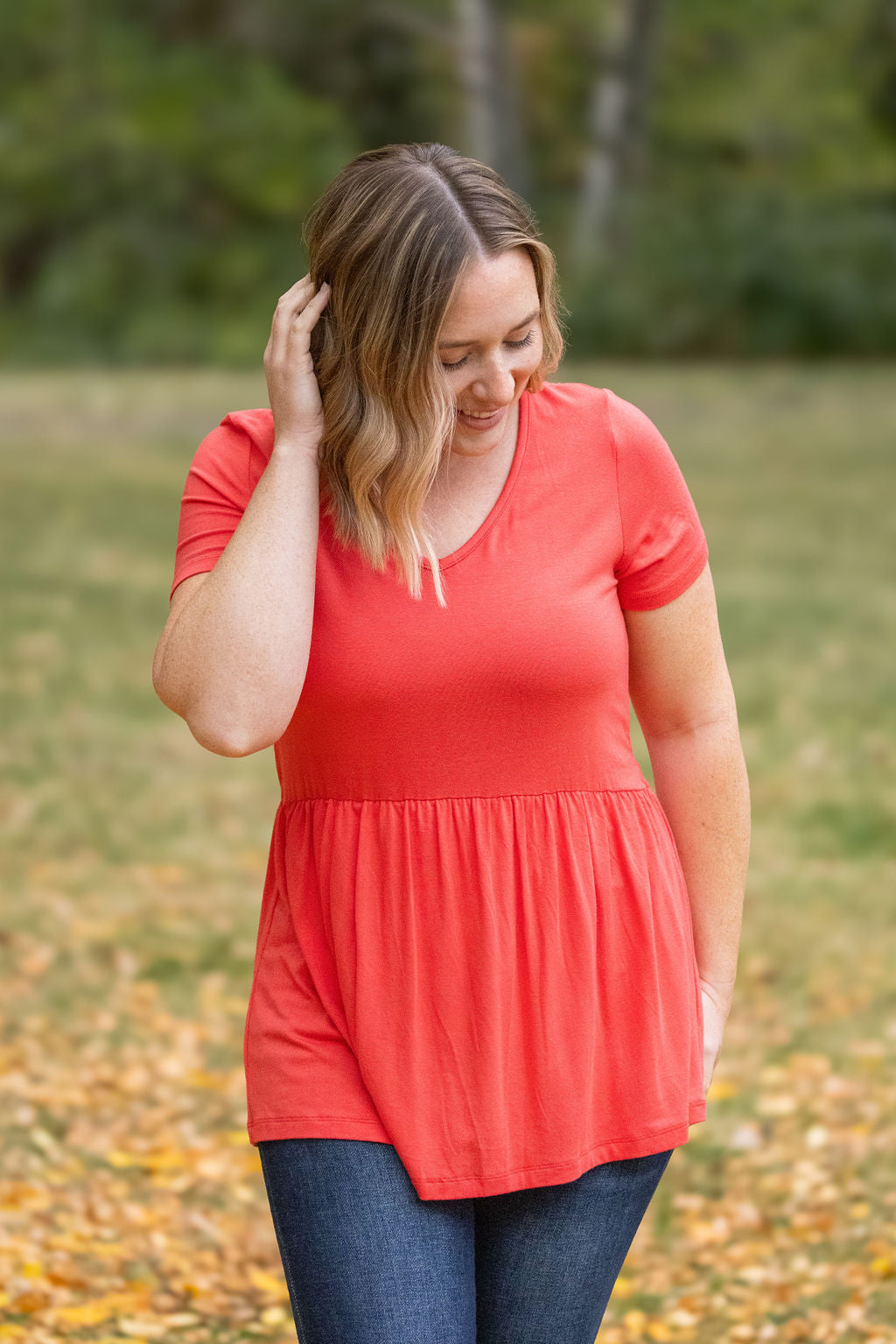 IN STOCK Sarah Ruffle Short Sleeve - Deep Coral