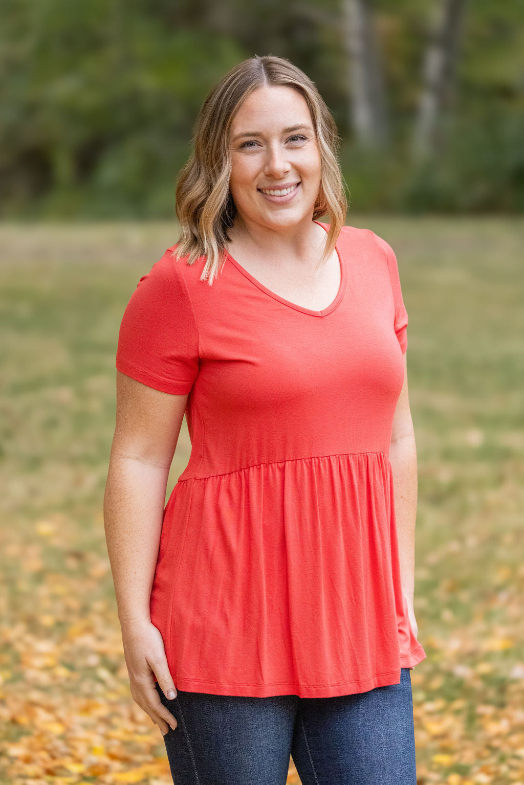 IN STOCK Sarah Ruffle Short Sleeve - Deep Coral