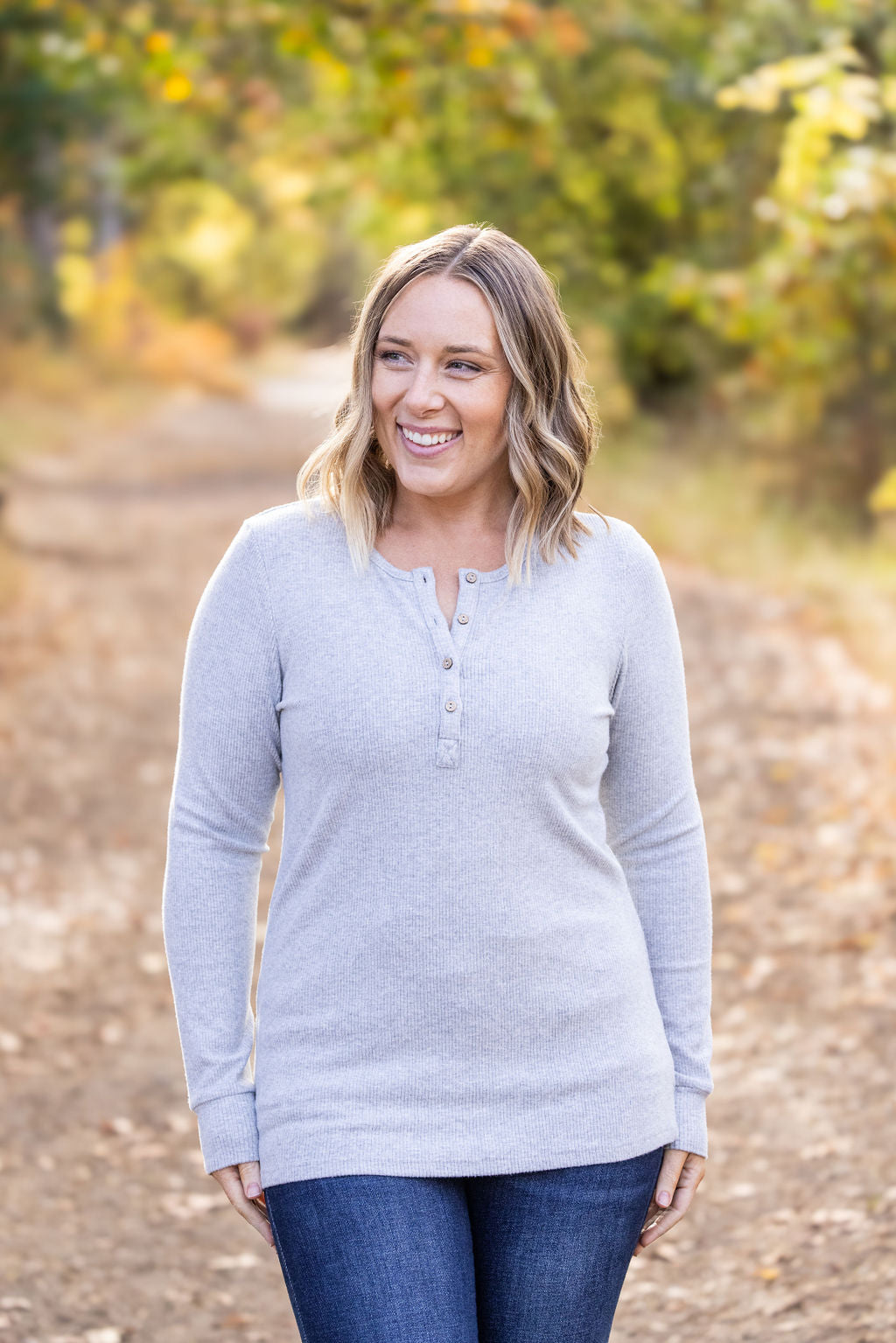 IN STOCK Brielle Henley Ribbed Long Sleeve - Light Grey