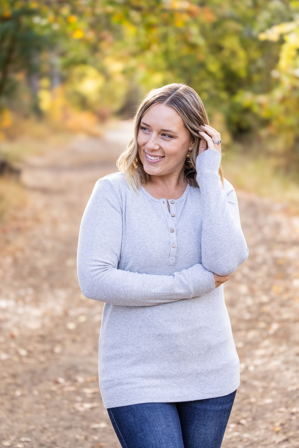 IN STOCK Brielle Henley Ribbed Long Sleeve - Light Grey