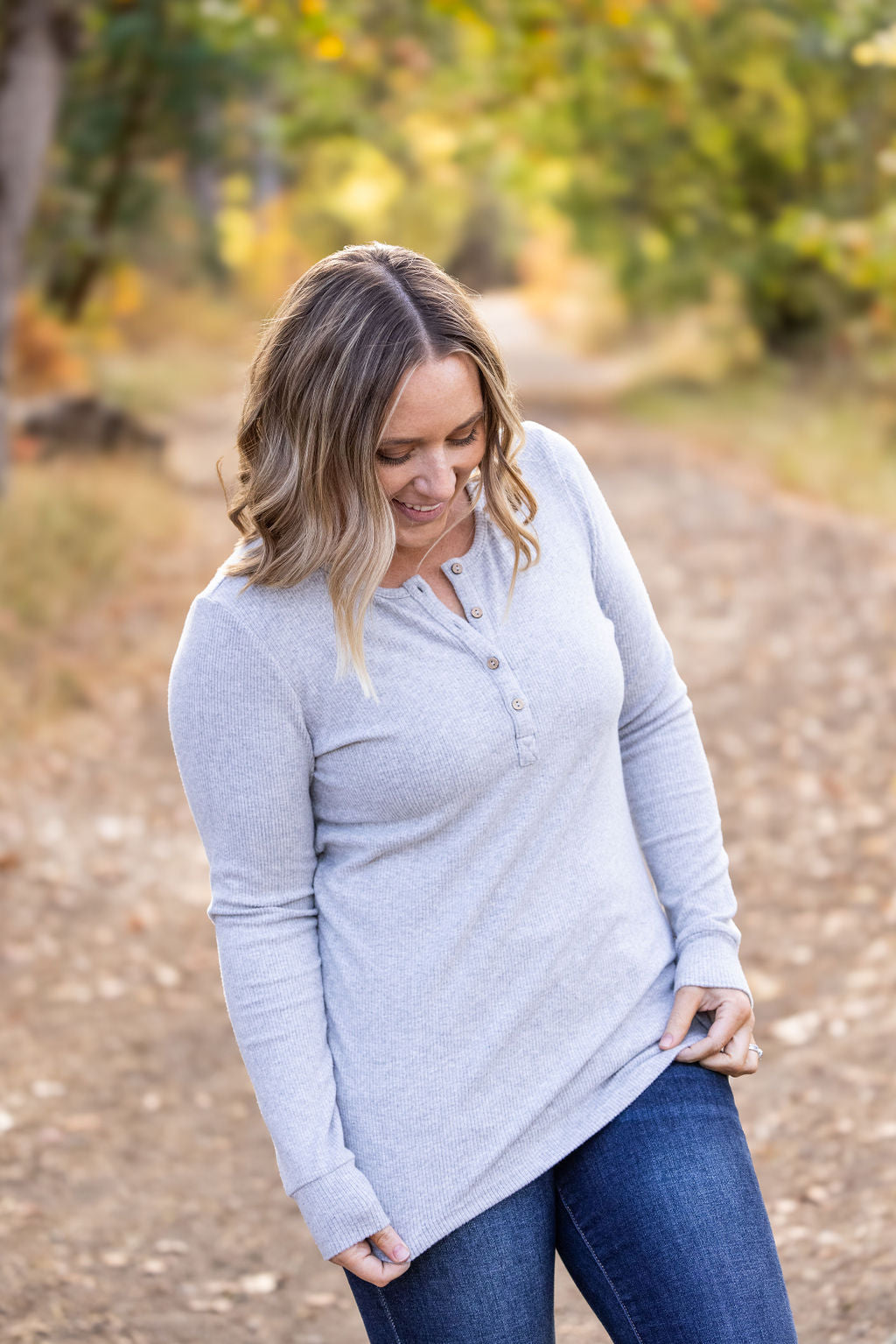 IN STOCK Brielle Henley Ribbed Long Sleeve - Light Grey