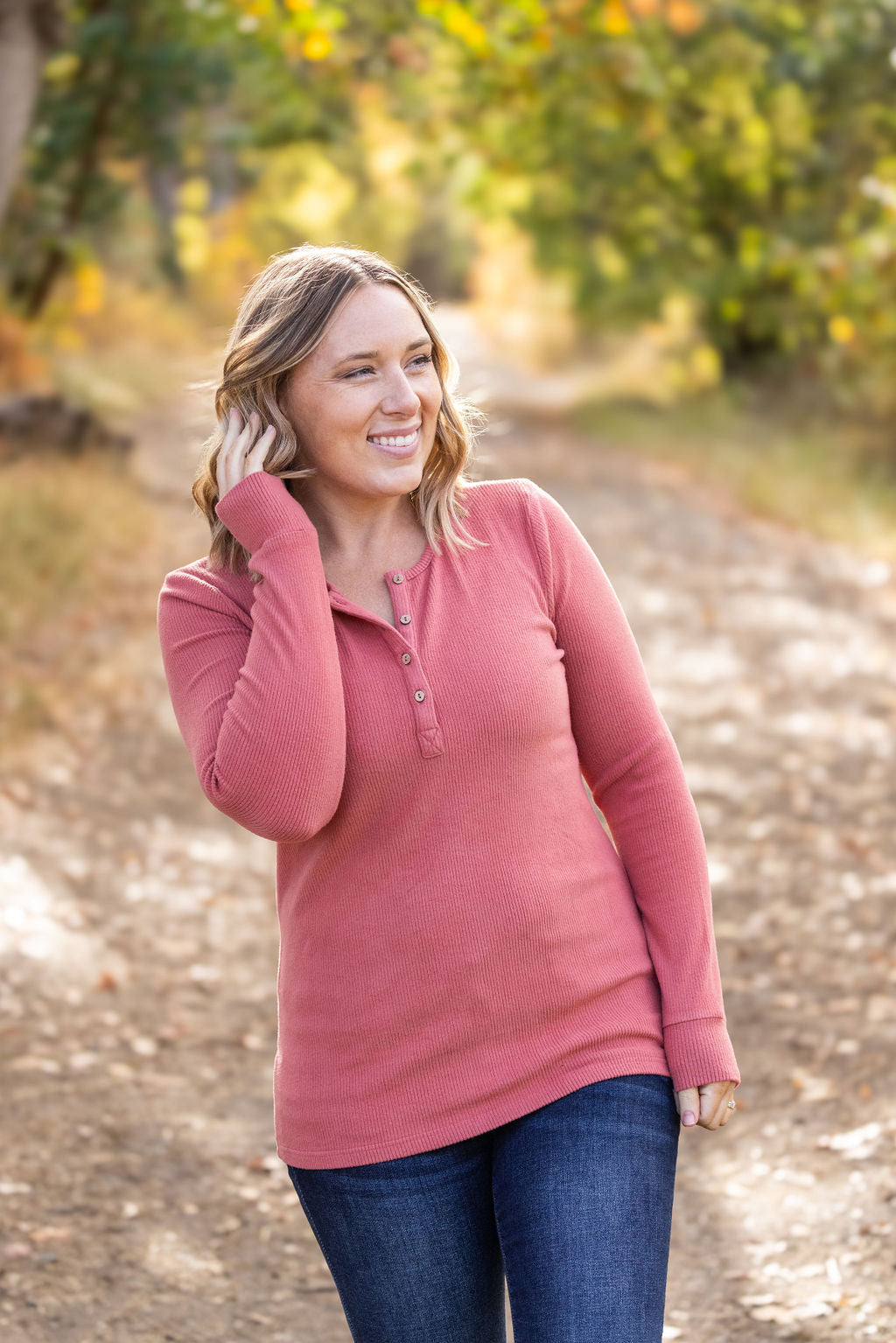 IN STOCK Brielle Henley Ribbed Long Sleeve - Terra Cotta