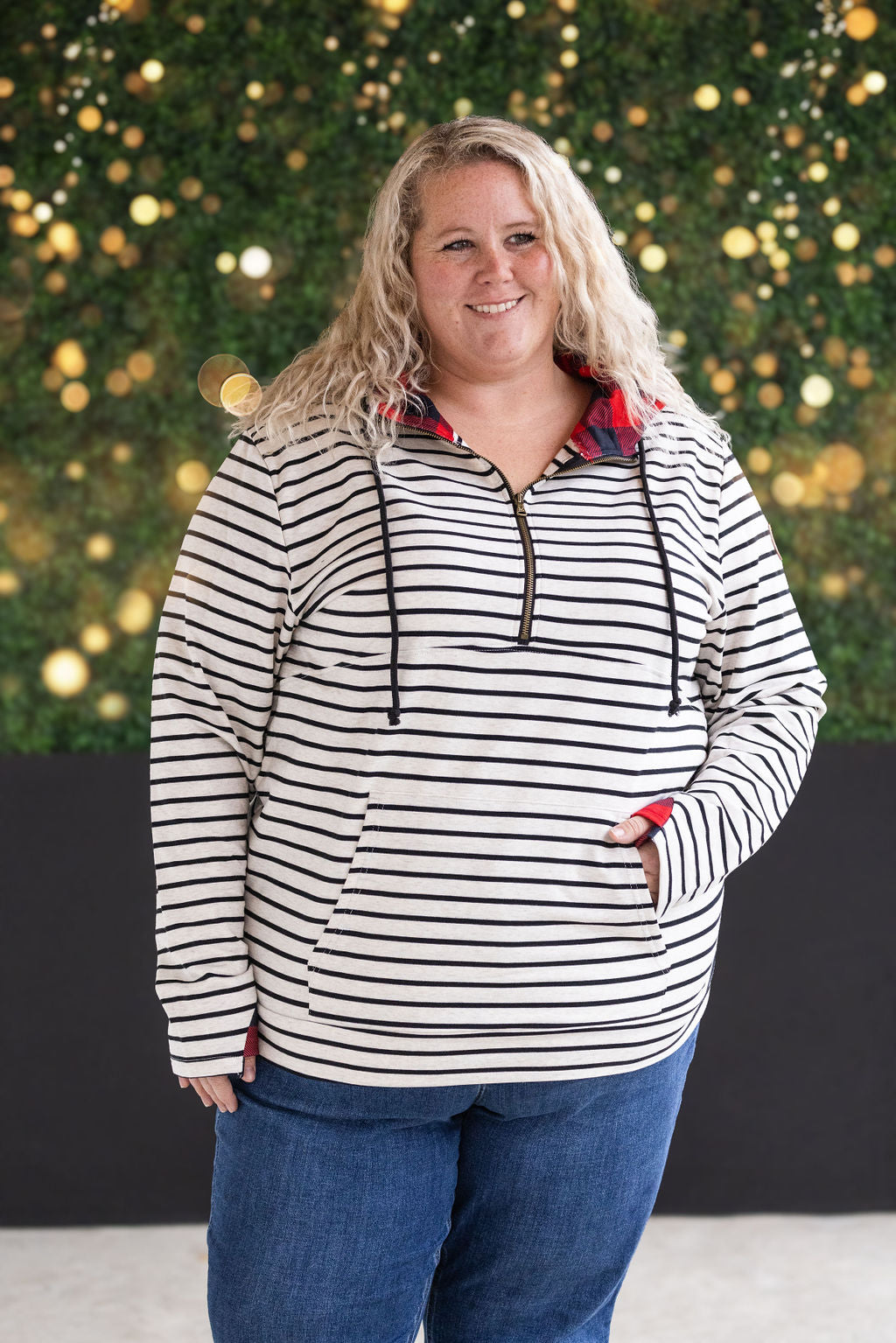 IN STOCK HalfZip Hoodie - Oatmeal Stripes and Buffalo Plaid