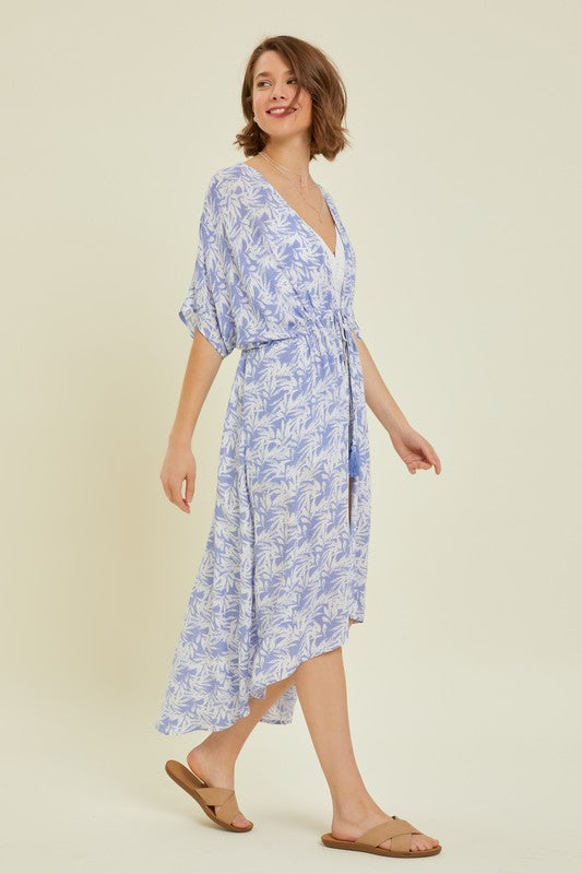 Tropical Print Gauze Kimono with Elastic Waist Tie in Periwinkle