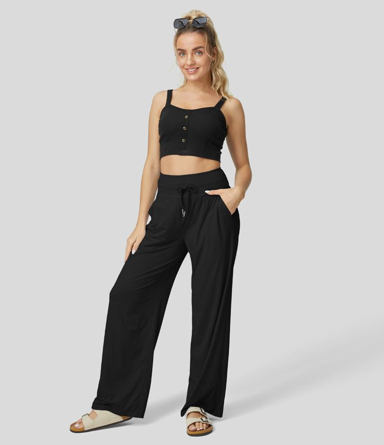 IN STOCK Halara High Waisted Drawstring Side Pocket Wide Leg Cool Touch Casual Pants