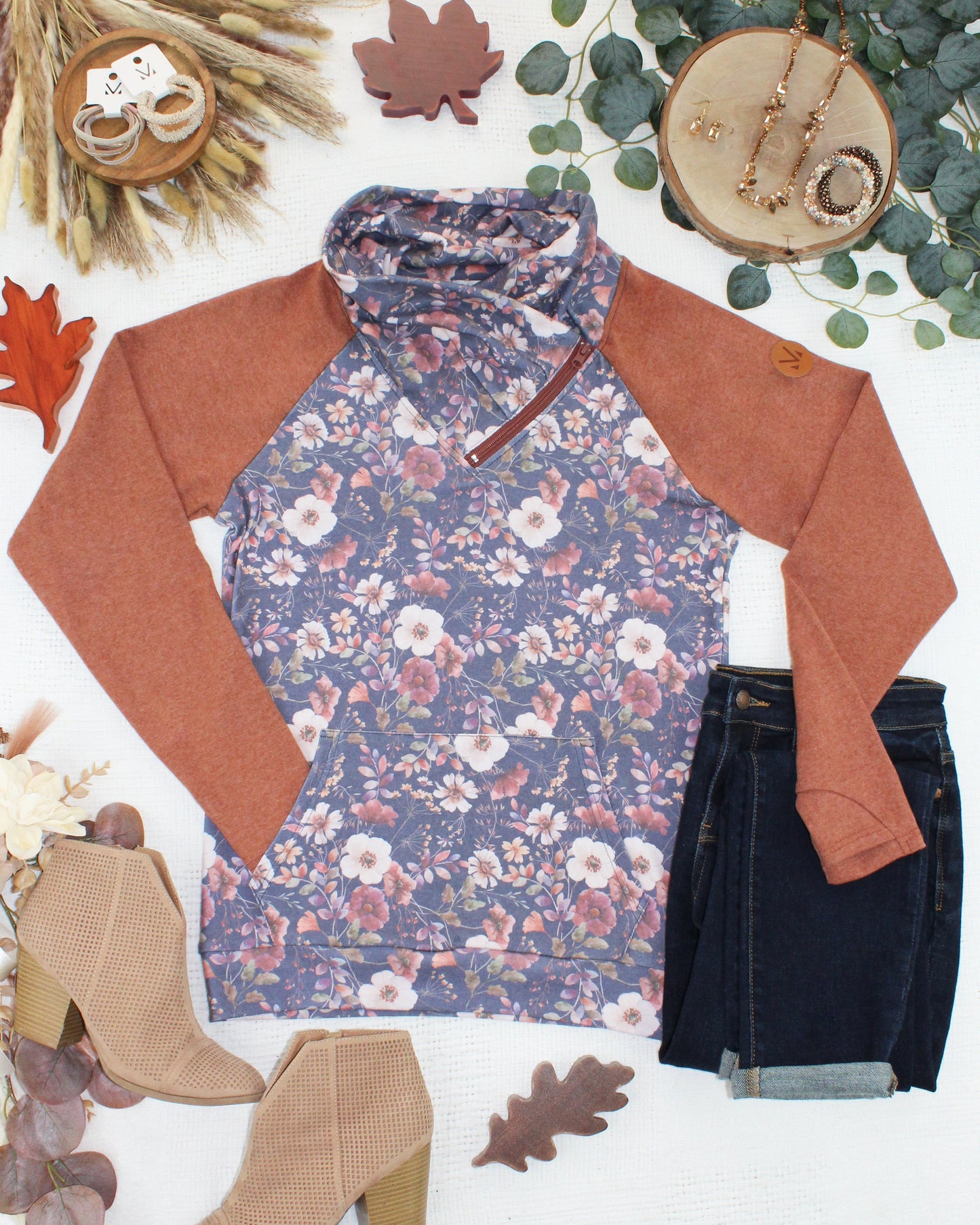 IN STOCK Classic Zoey ZipCowl Sweatshirt - Blushwood Floral and Terra Cotta