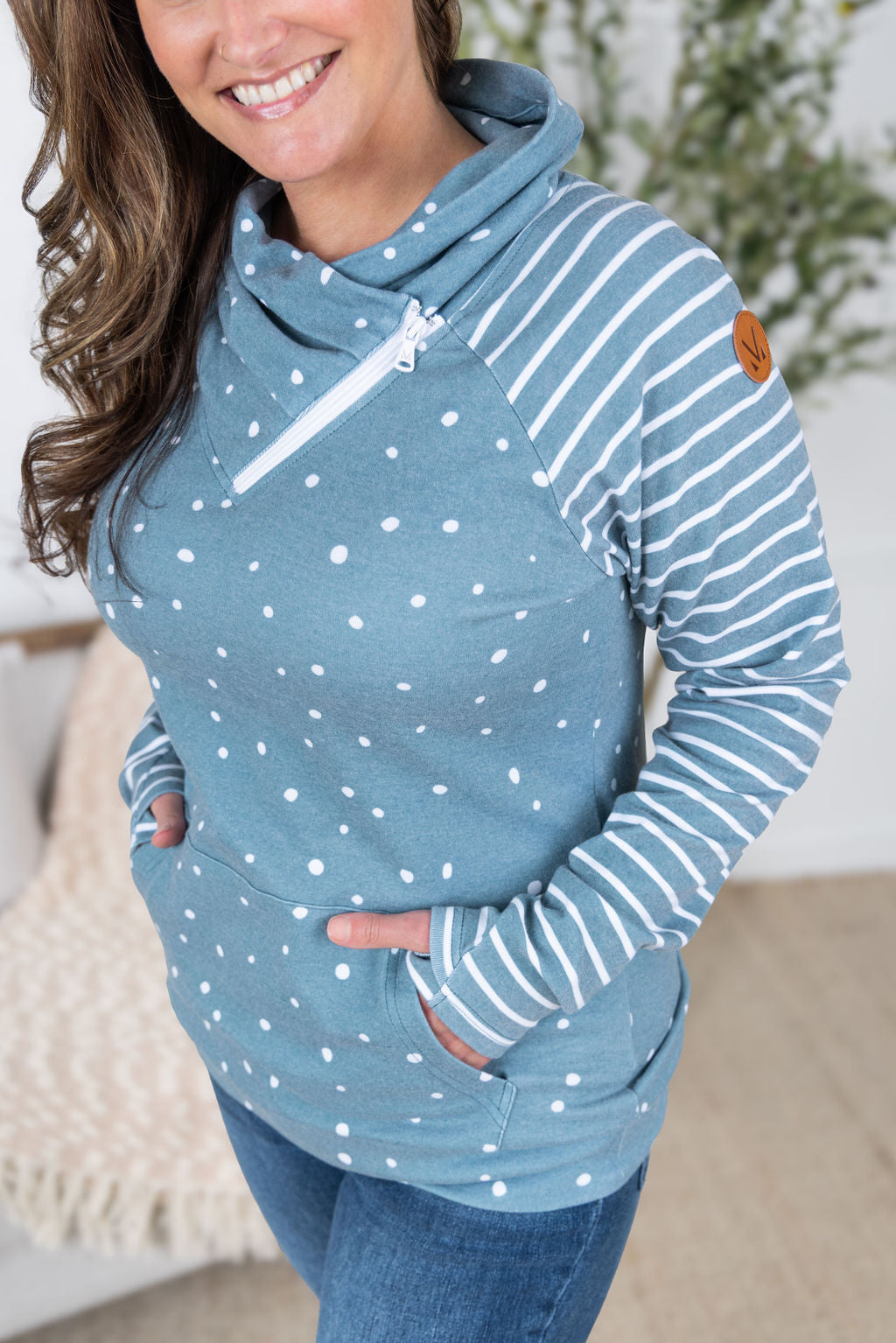 IN STOCK Zoey ZipCowl Sweatshirt - Teal Dots and Stripes