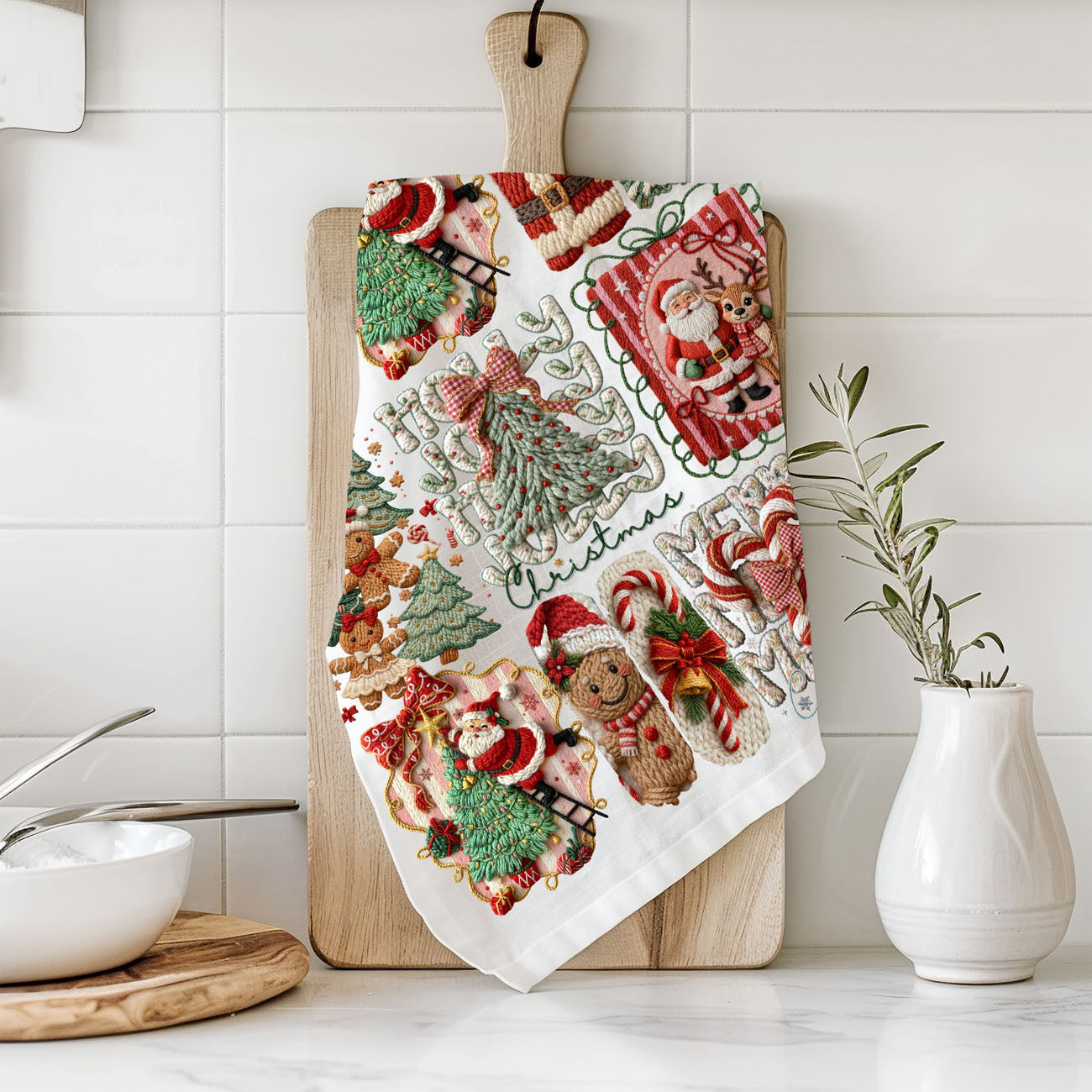 christmas baking kitchen towel gingerbread decor
holiday baking towel santa candy cane design
kitchen towel for christmas cookies crochet style
baking setup christmas towel cozy kitchen decor
holiday baking flat lay kitchen towel festive