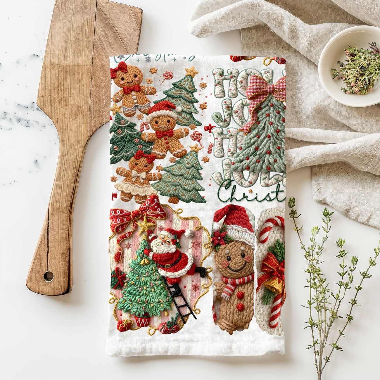 stitched pattern christmas kitchen towel close detail
raised texture christmas towel crochet inspired
fabric texture christmas towel cozy handmade look
yarn style holiday kitchen towel detailed design
quilted look christmas kitchen towel patchwork style