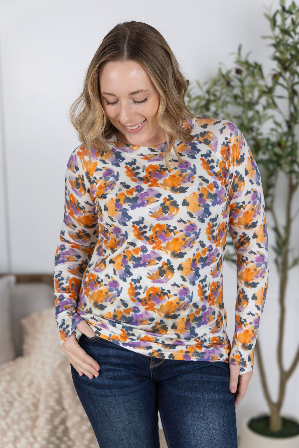 IN STOCK Blair Long Sleeve Top - Autumn Purple Abstract