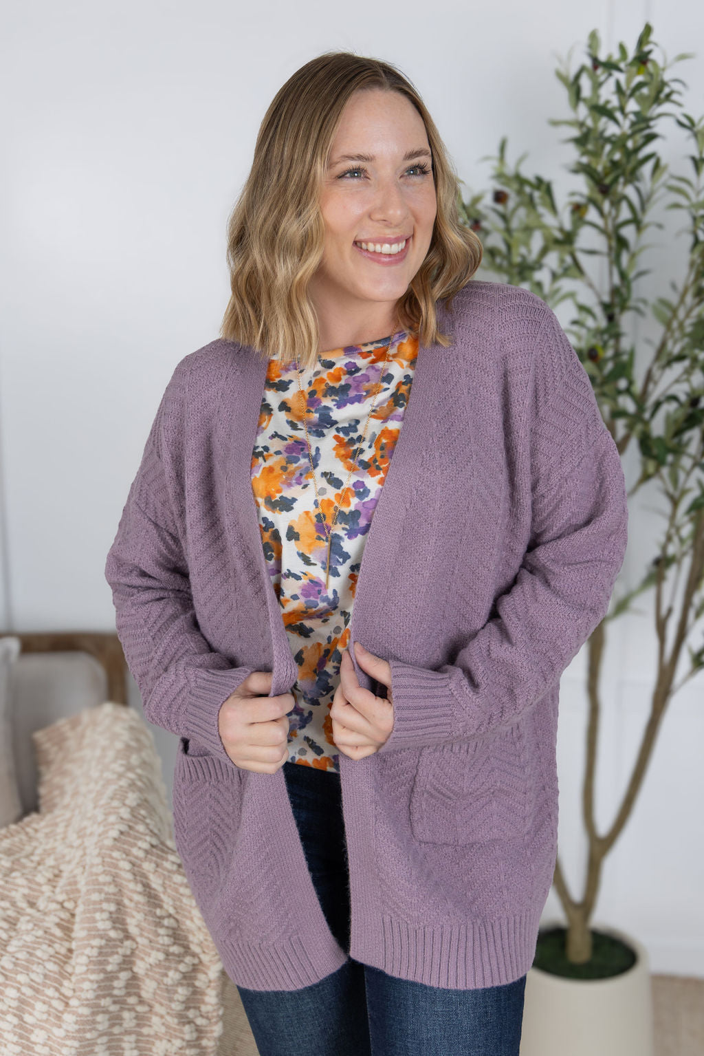 IN STOCK Billie Open Knit Cardigan - Dusty Purple