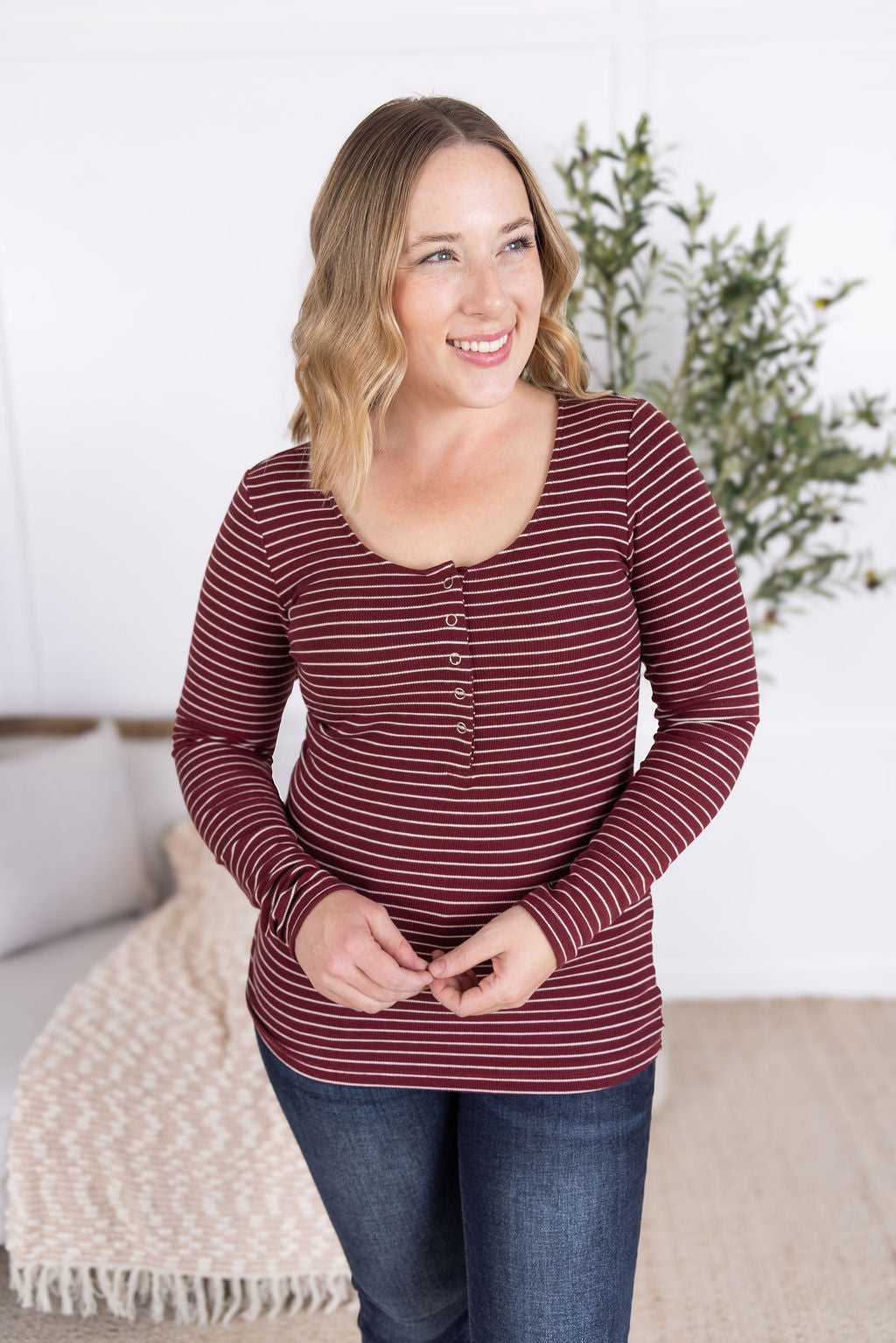 IN STOCK Striped Henley Long Sleeve - Burgundy