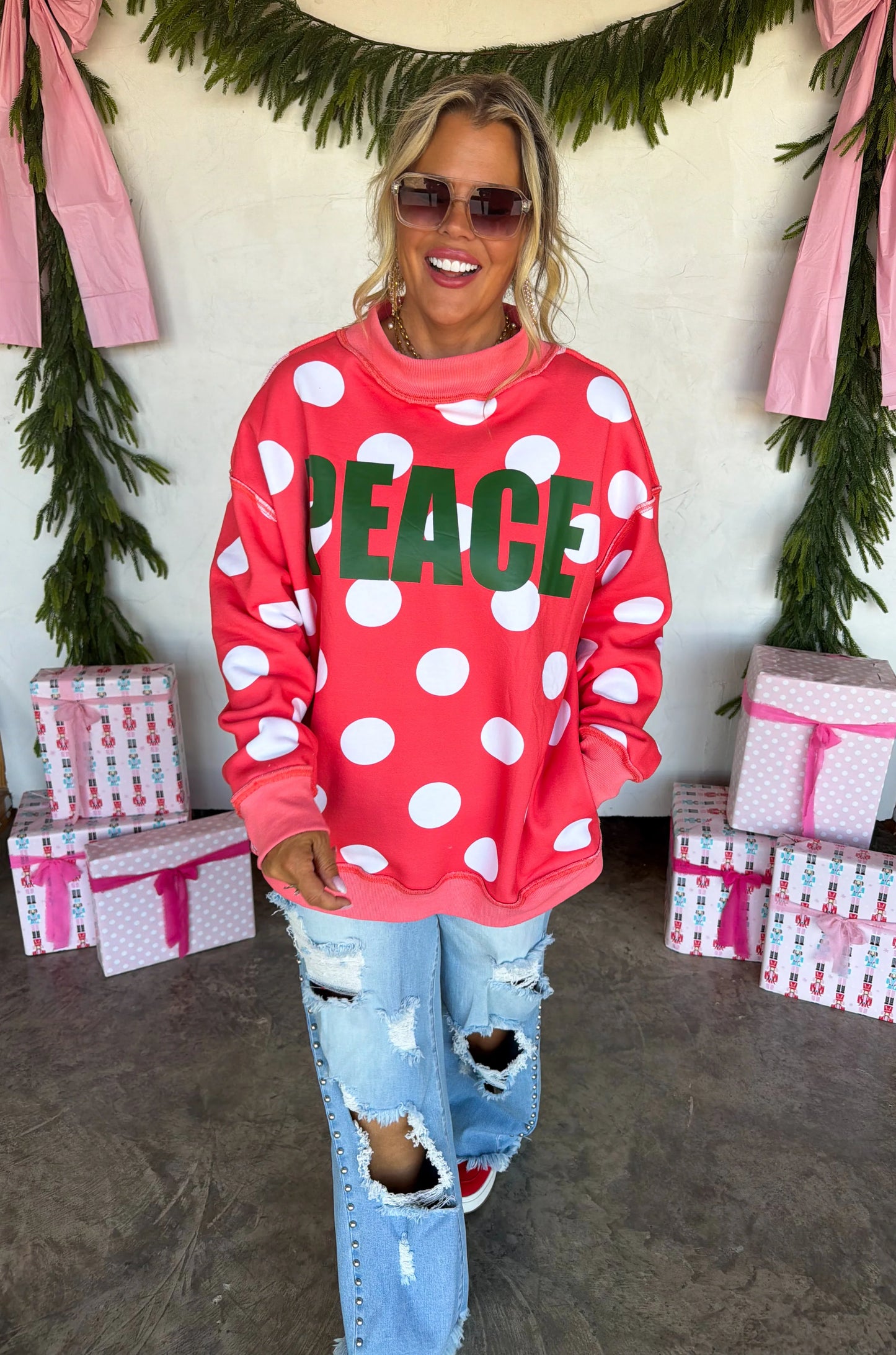 PREORDER- PEACE & POLKA DOT MOCK NECK PULLOVER
