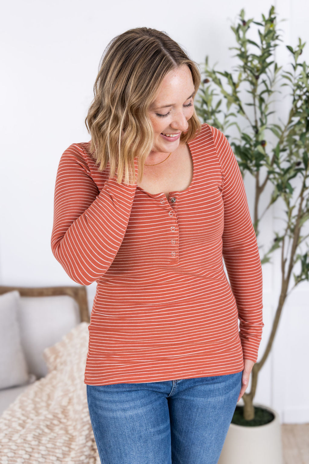 IN STOCK Striped Henley Long Sleeve - Terra Cotta