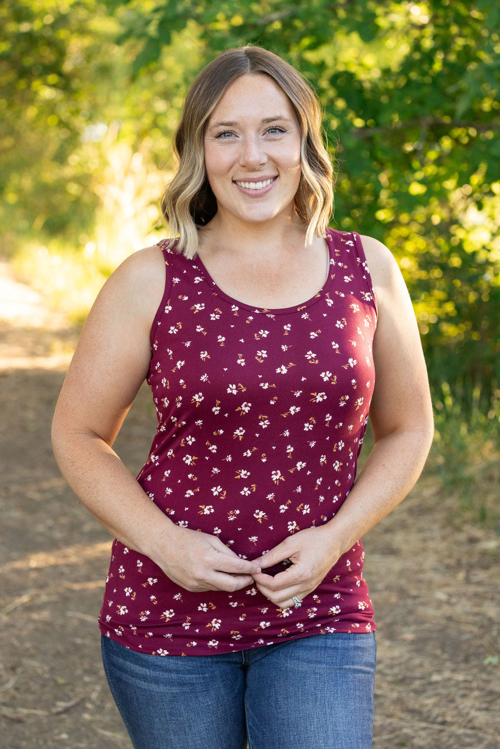 IN STOCK Luxe Crew Tank - Micro Burgundy Floral