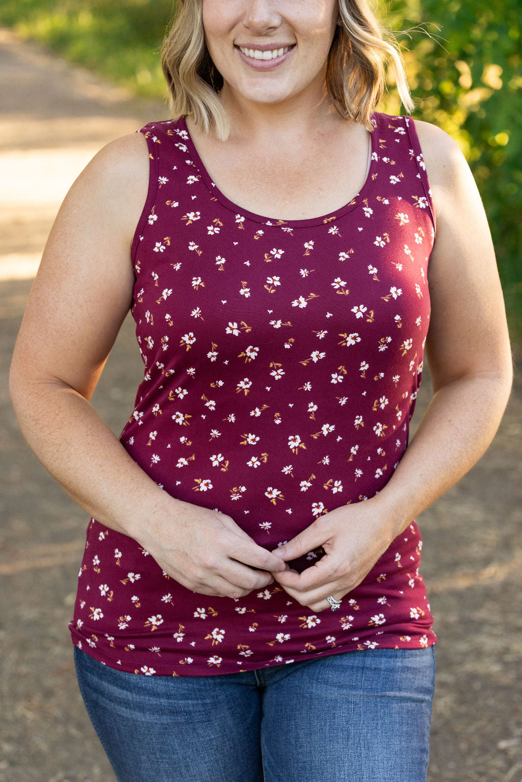 IN STOCK Luxe Crew Tank - Micro Burgundy Floral