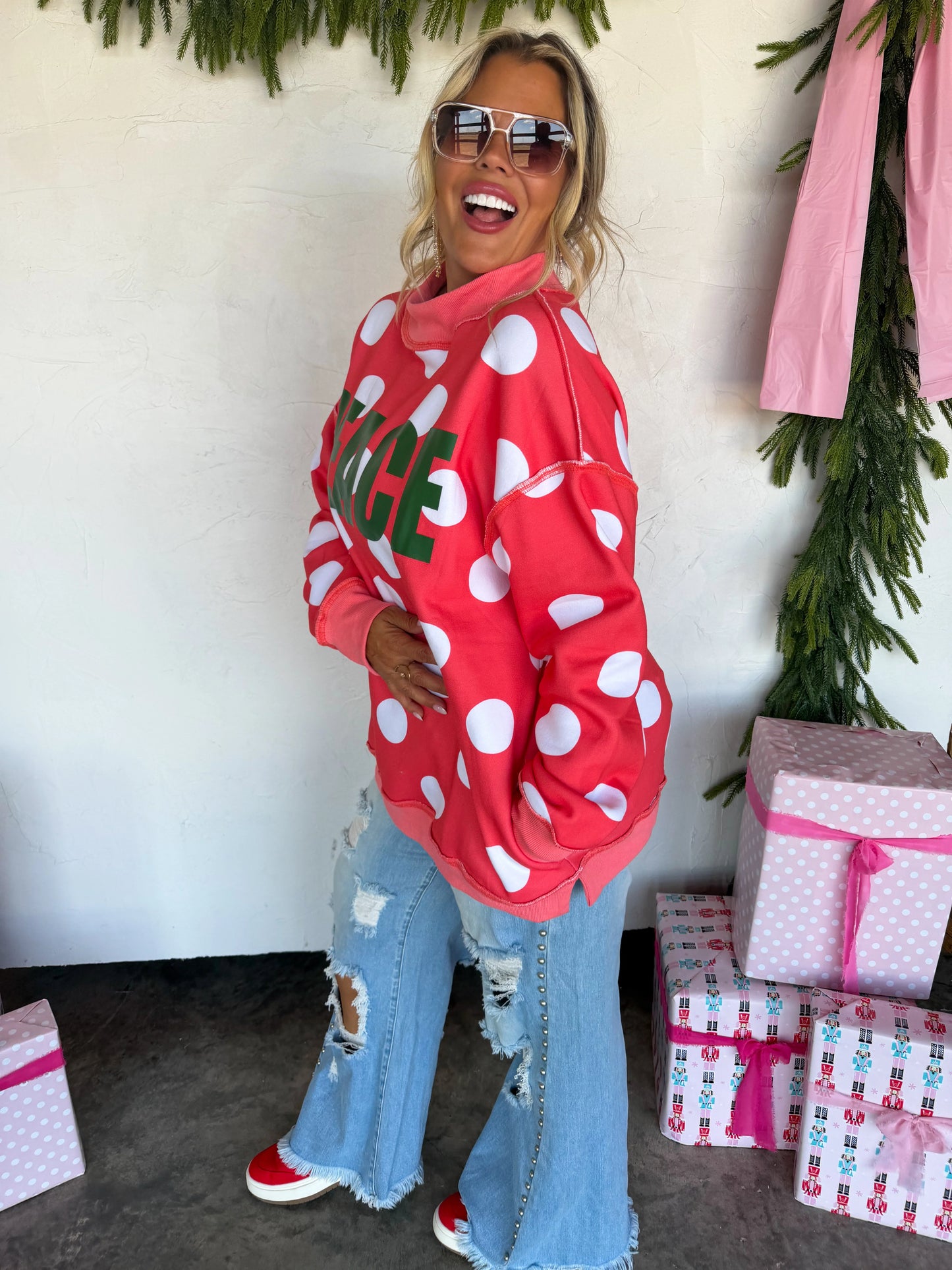 PREORDER- PEACE & POLKA DOT MOCK NECK PULLOVER