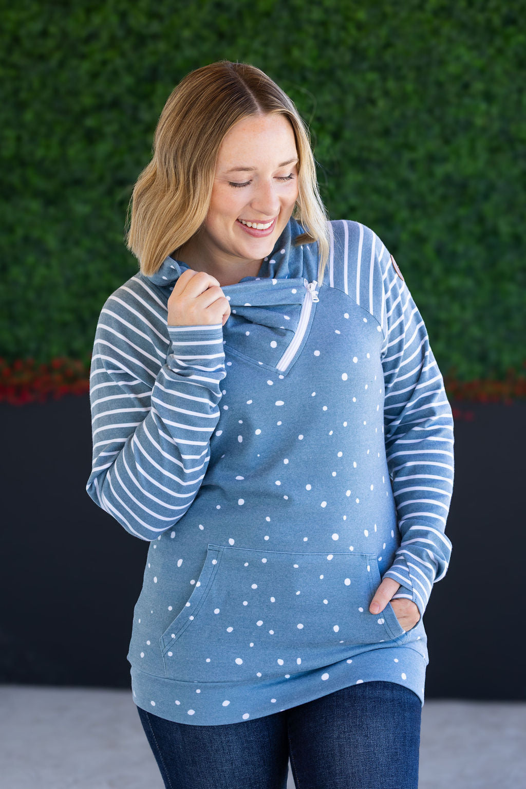 IN STOCK Zoey ZipCowl Sweatshirt - Teal Dots and Stripes