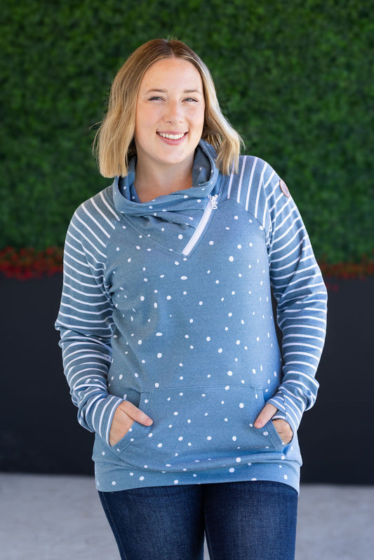 IN STOCK Zoey ZipCowl Sweatshirt - Teal Dots and Stripes