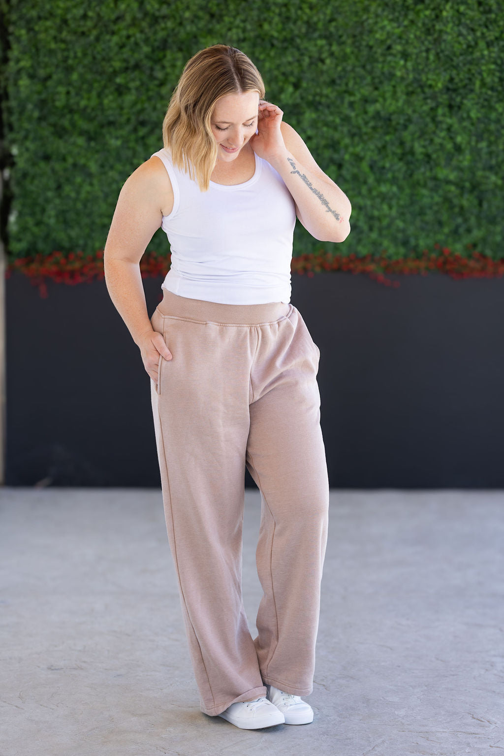 IN STOCK Wide Leg Vintage Wash Bottoms - Tan