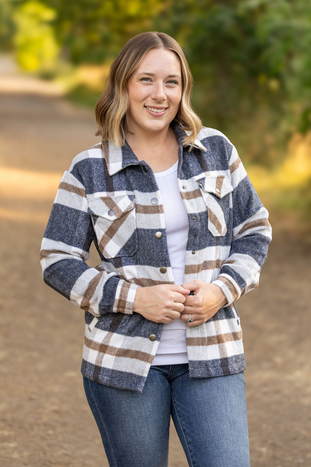 IN STOCK Norah Plaid Shacket - Navy and Tan