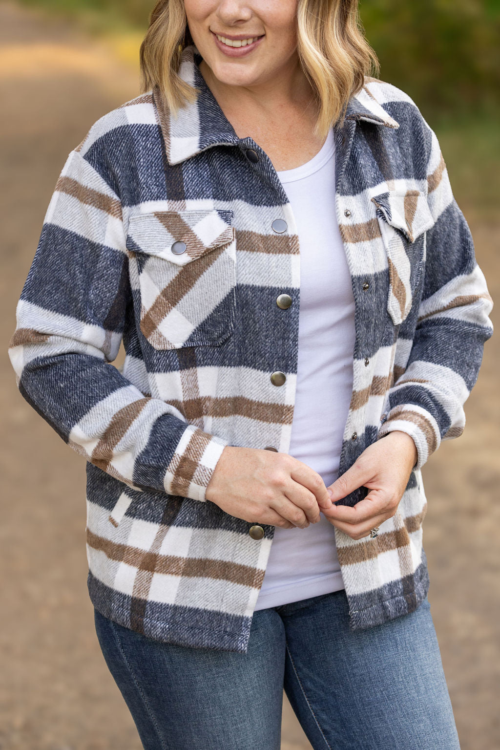 IN STOCK Norah Plaid Shacket - Navy and Tan