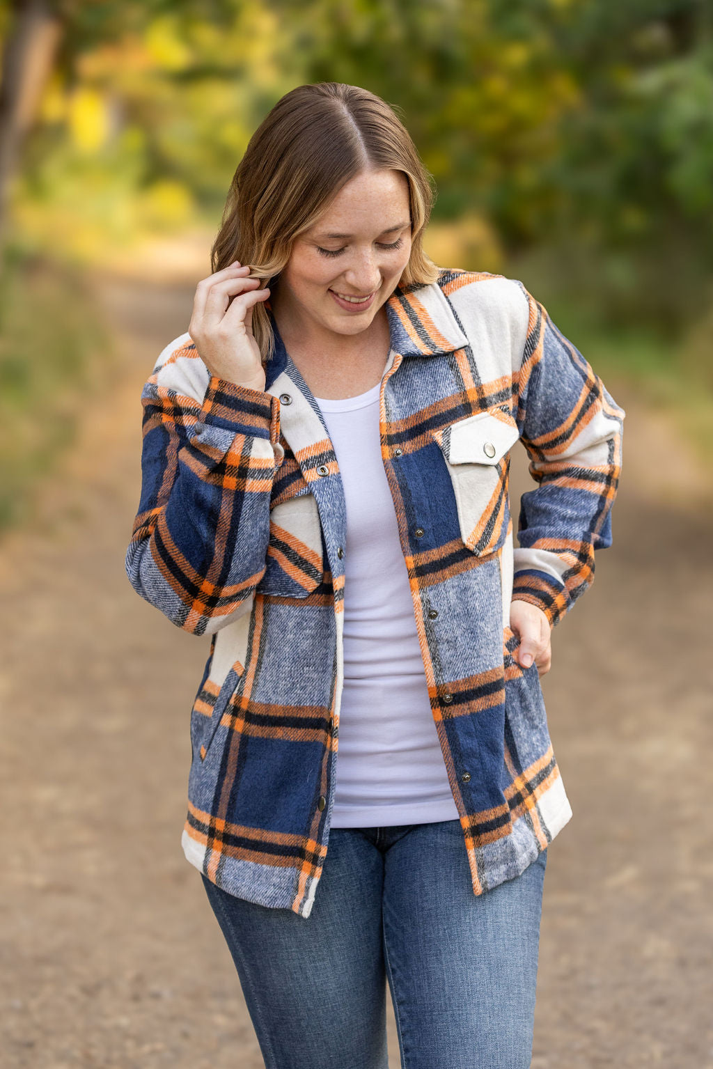 IN STOCK Norah Plaid Shacket - Navy and Orange