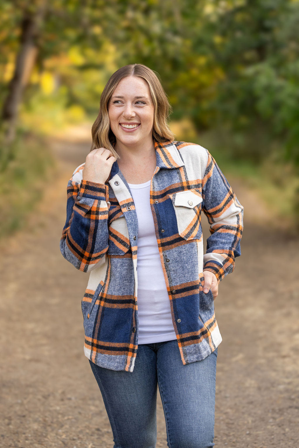 IN STOCK Norah Plaid Shacket - Navy and Orange