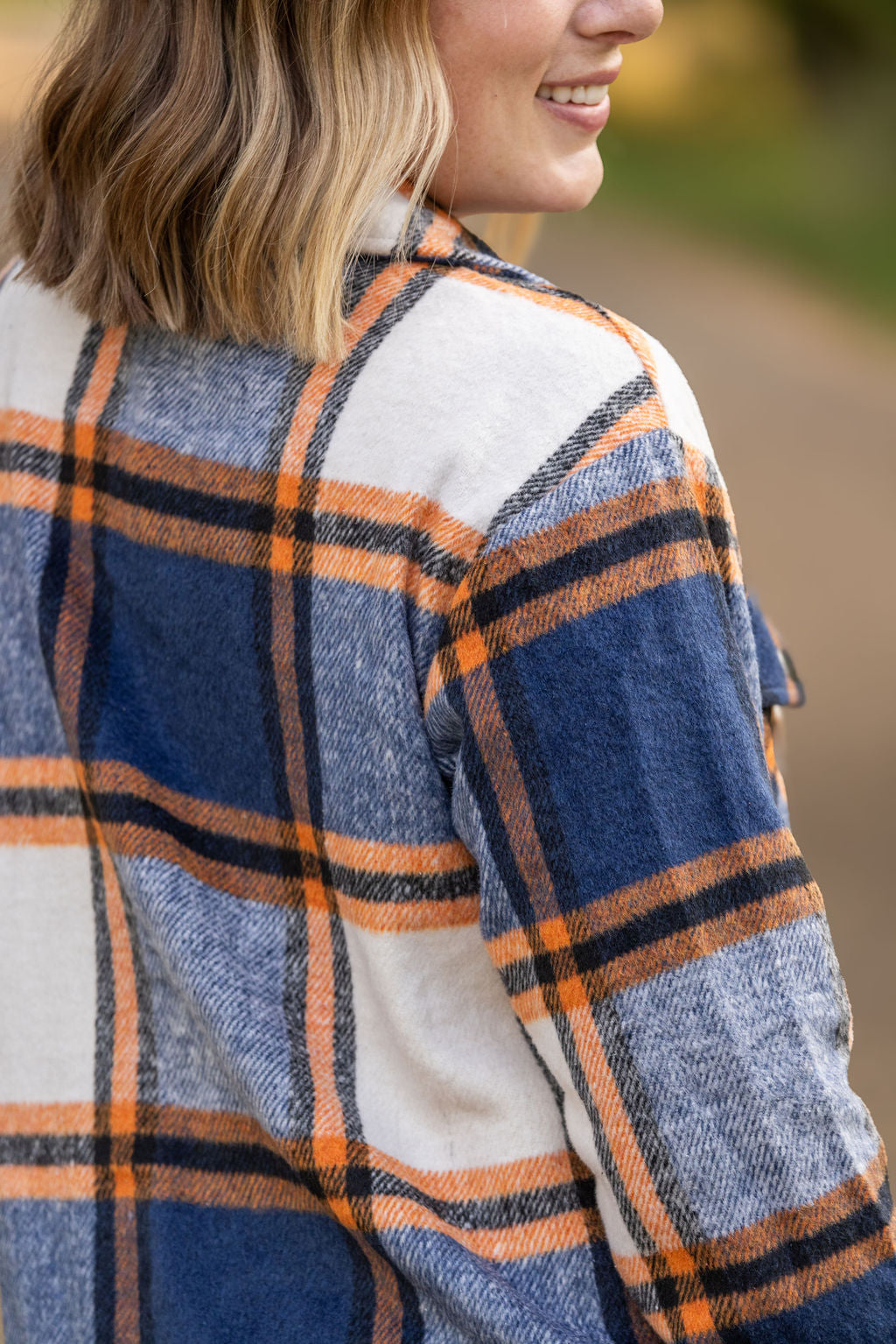 IN STOCK Norah Plaid Shacket - Navy and Orange