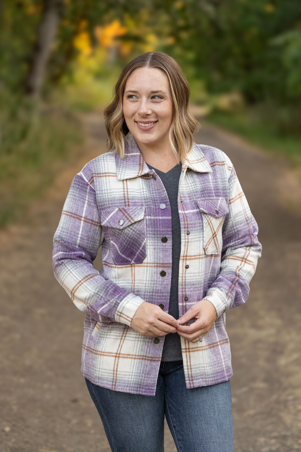 IN STOCK Norah Plaid Shacket - Purple and Gold