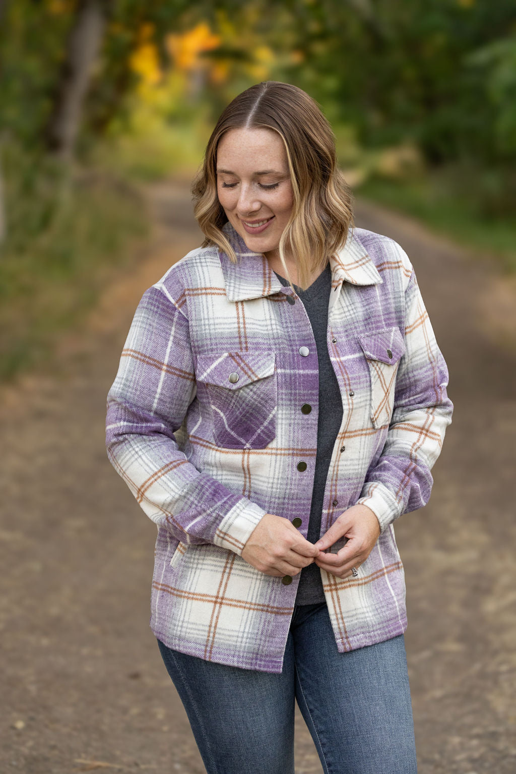 IN STOCK Norah Plaid Shacket - Purple and Gold