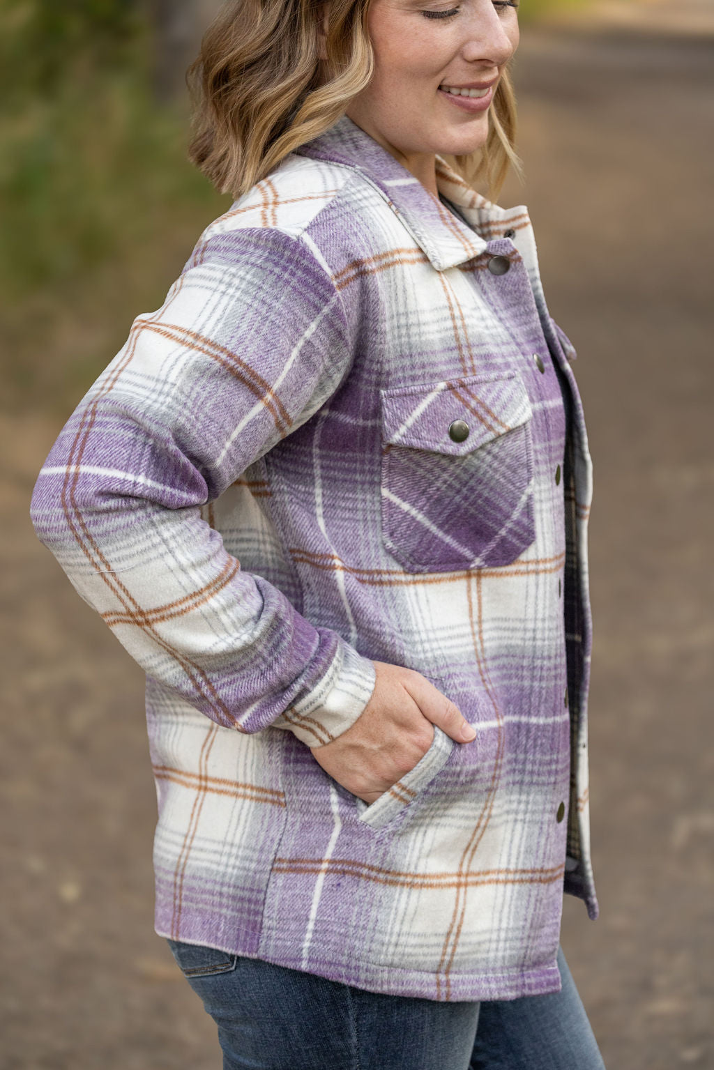 IN STOCK Norah Plaid Shacket - Purple and Gold