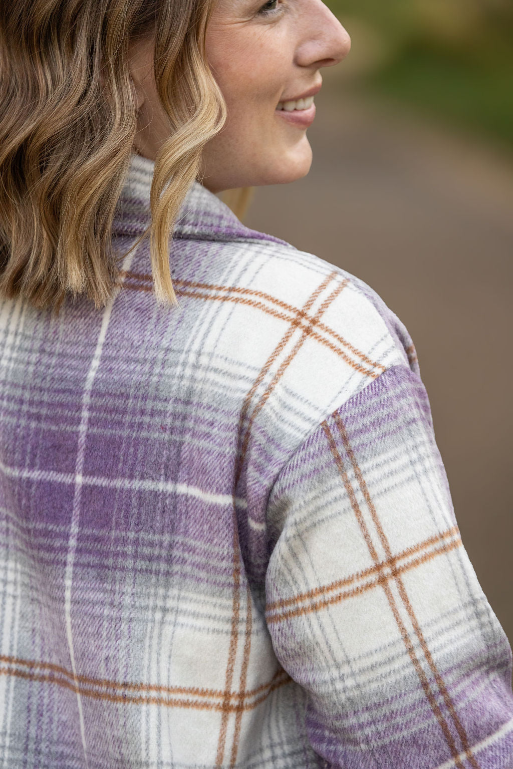 IN STOCK Norah Plaid Shacket - Purple and Gold