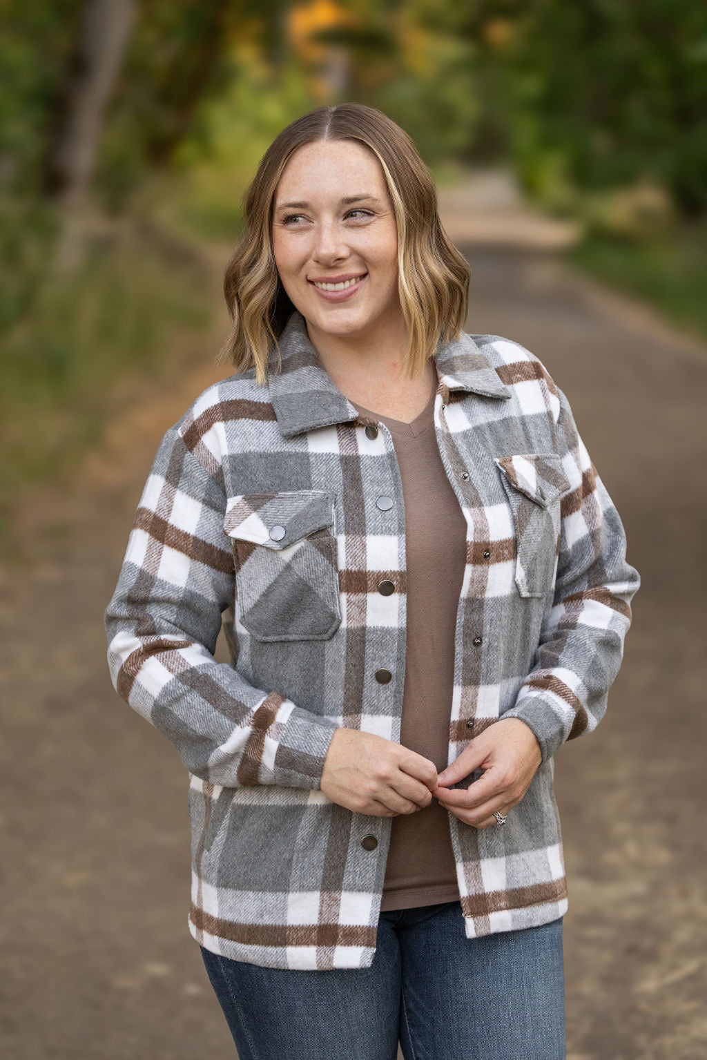 IN STOCK Norah Plaid Shacket - Grey and Tan