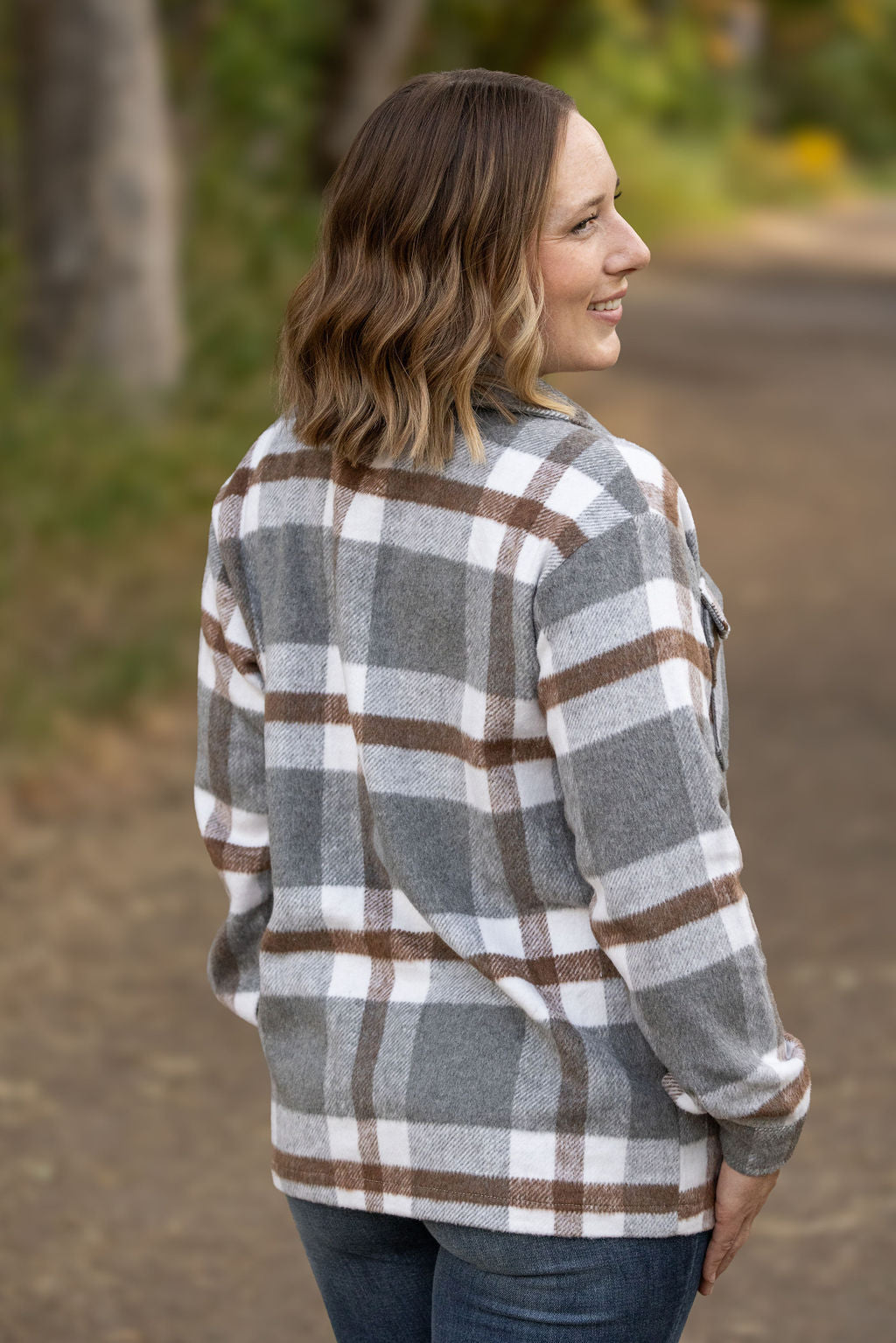 IN STOCK Norah Plaid Shacket - Grey and Tan