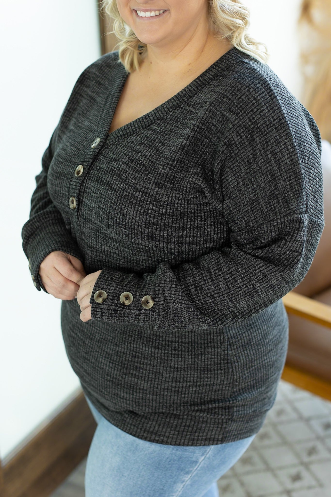 IN STOCK Brittney Button Sweater - Charcoal