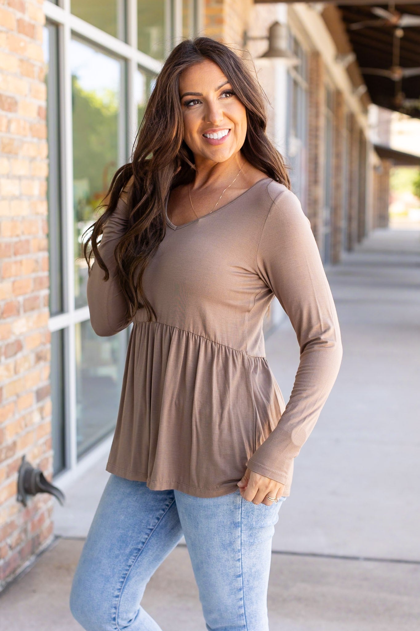 IN STOCK Long Sleeve Sarah Ruffle - Mocha